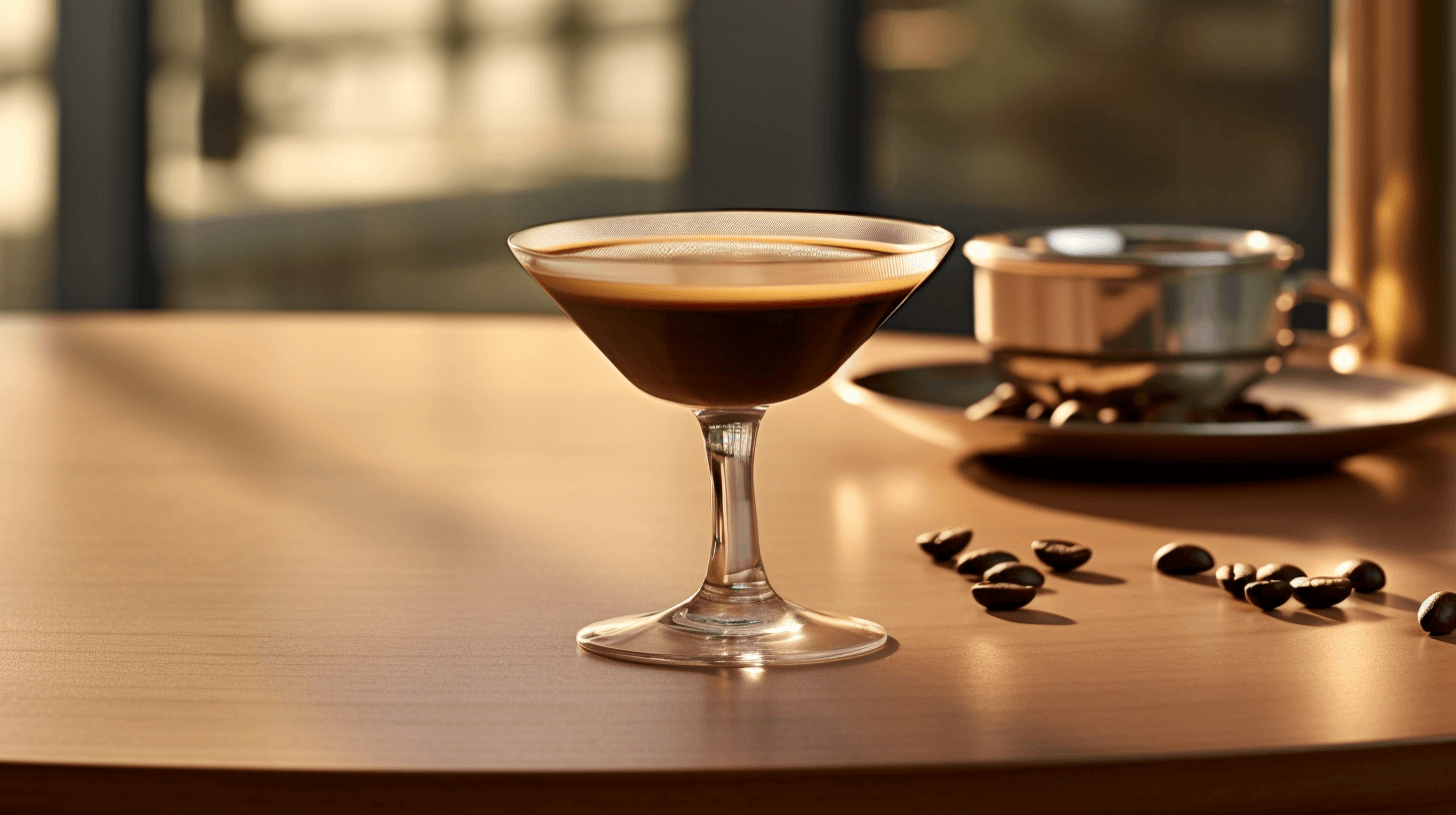 Keglevich Espresso Martini vor sonnenverwöhnter Landschaft, ergänzt durch eine gemütliche Kaffeeszene und frisch geröstete Bohnen.